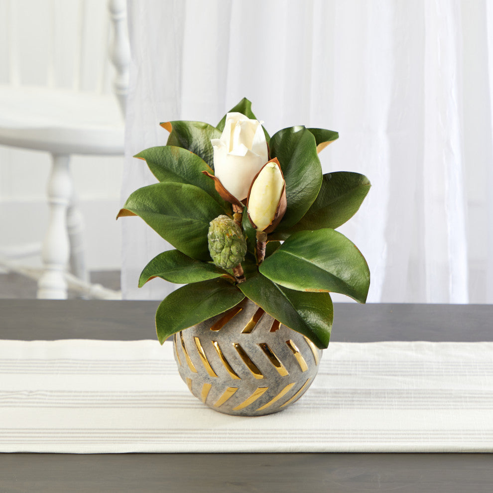 12" Magnolia Artificial Plant, Planter With Gold Trimming