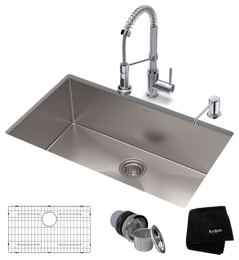 30" Undermount Stainless Steel Kitchen Sink, Pull-Down Faucet CH, Dispenser