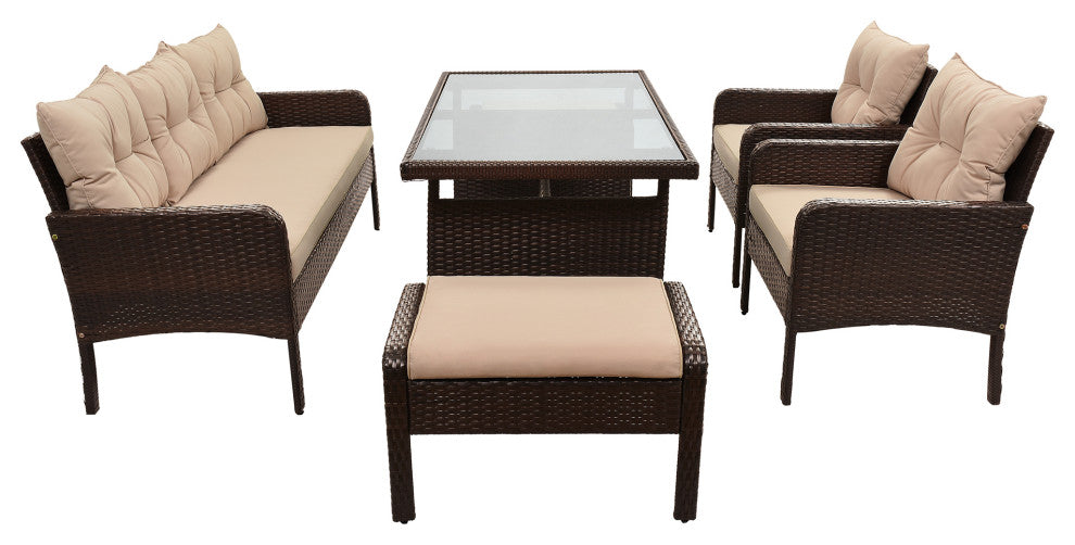 6 Pieces Outdoor Rattan Patio Sectional Sofa Set With Dining Table, Coffee