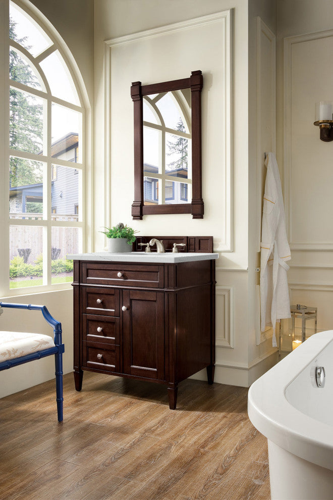 James Martin 650-V30-BNM-3ENC 30" Single Vanity Burnished Mahogany + Quartz Top