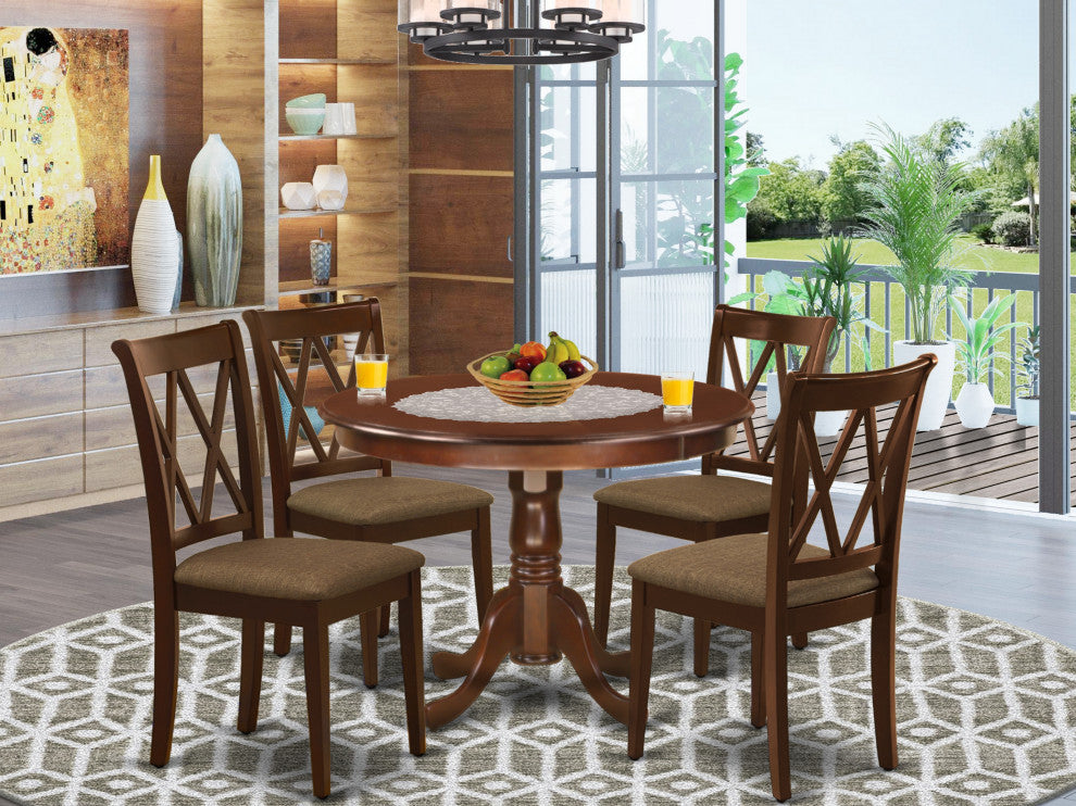5Pc Dining Set, Round Dinette Table, Four Kitchen Chairs, Mahogany Finish