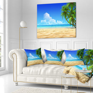 Coconut Palms Bent into Beach Seashore Throw Pillow, 18"x18"
