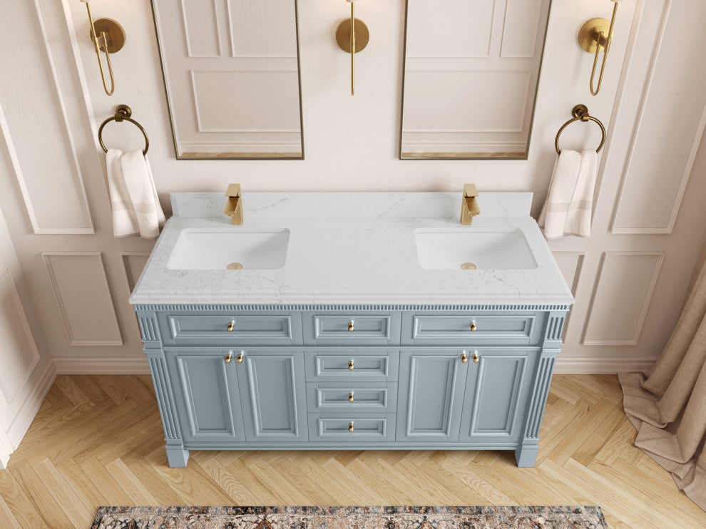 Paris 60" Double Sink Bathroom Vanity, Blue Heather 1.5" Empira Quartz