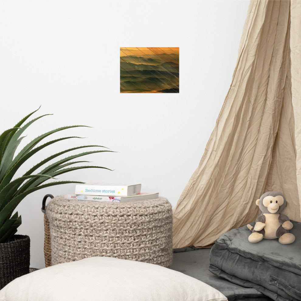 Faux Wood Foggy Mountain Layers at Sunset Landscape Unframed Wall Art Prints, 8" X 10"