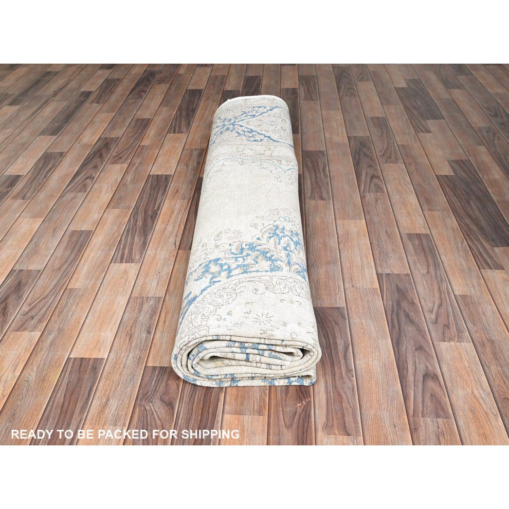 Spring White, Pure Wool, Hand Knotted, Vintage Persian Kerman Rug, 9'4"x12'3"