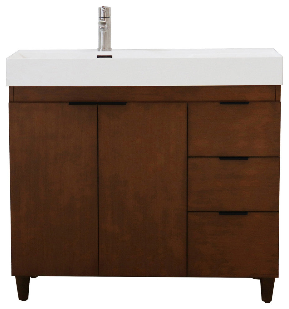39" Single Sink Vanity, Walnut With White Composite Granite Top