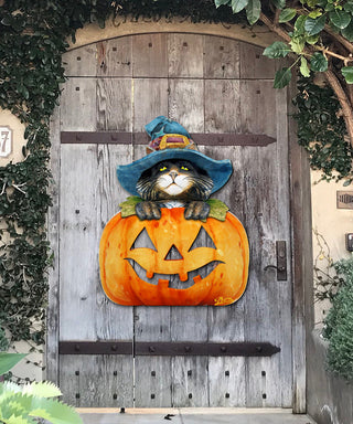 Black Cat Pumpkin Door Hanger