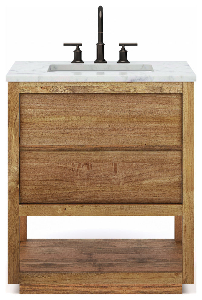 Oakman Marble Top Vanity in Mango Wood with Faucet, 30, Vanity With Orb Faucet