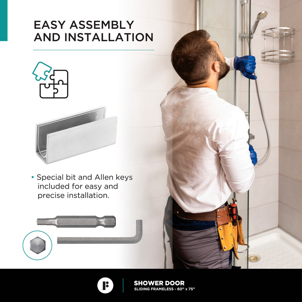 Frameless Clear Sliding Shower Door With Tempered Glass - Shower Bathroom Door, Polished Chrome, 60" X 75", Single Sliding Door
