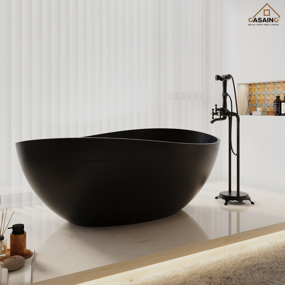 63in Solid Surface Freestanding Bathtub in Matte White, Matte Black