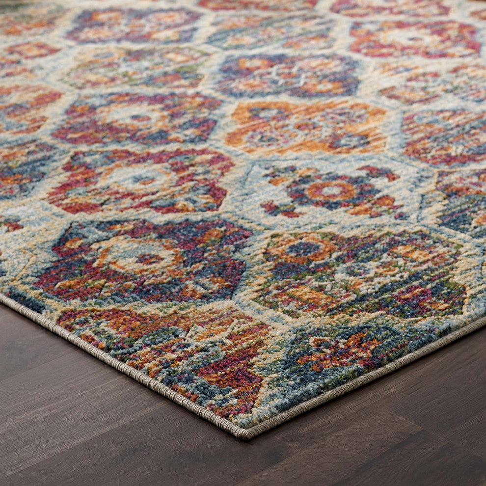 Multicolored Tribute Azalea Distressed Vintage Floral Lattice 5x8 Area Rug