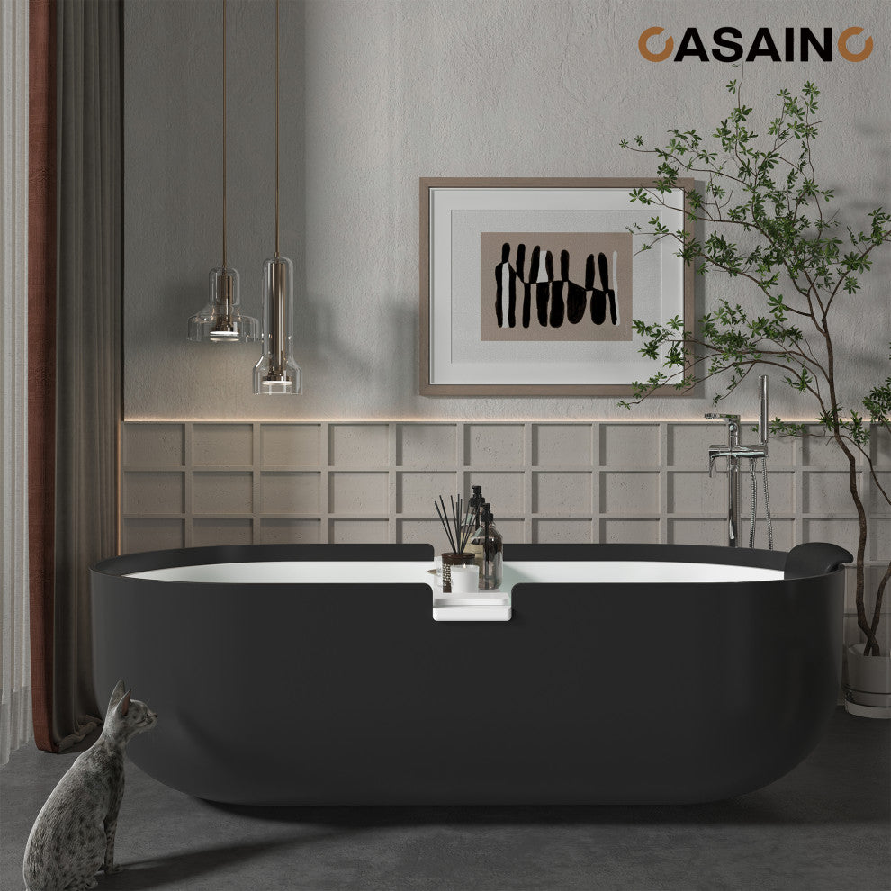 67in White Solid Surface Freestanding Soaking Bathtub with Drain, 67in