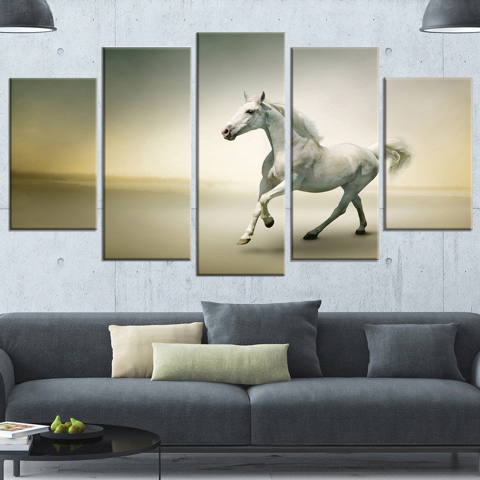 White Horse in Motion, Animal Canvas Art Print, 60"x32", 5 Panels