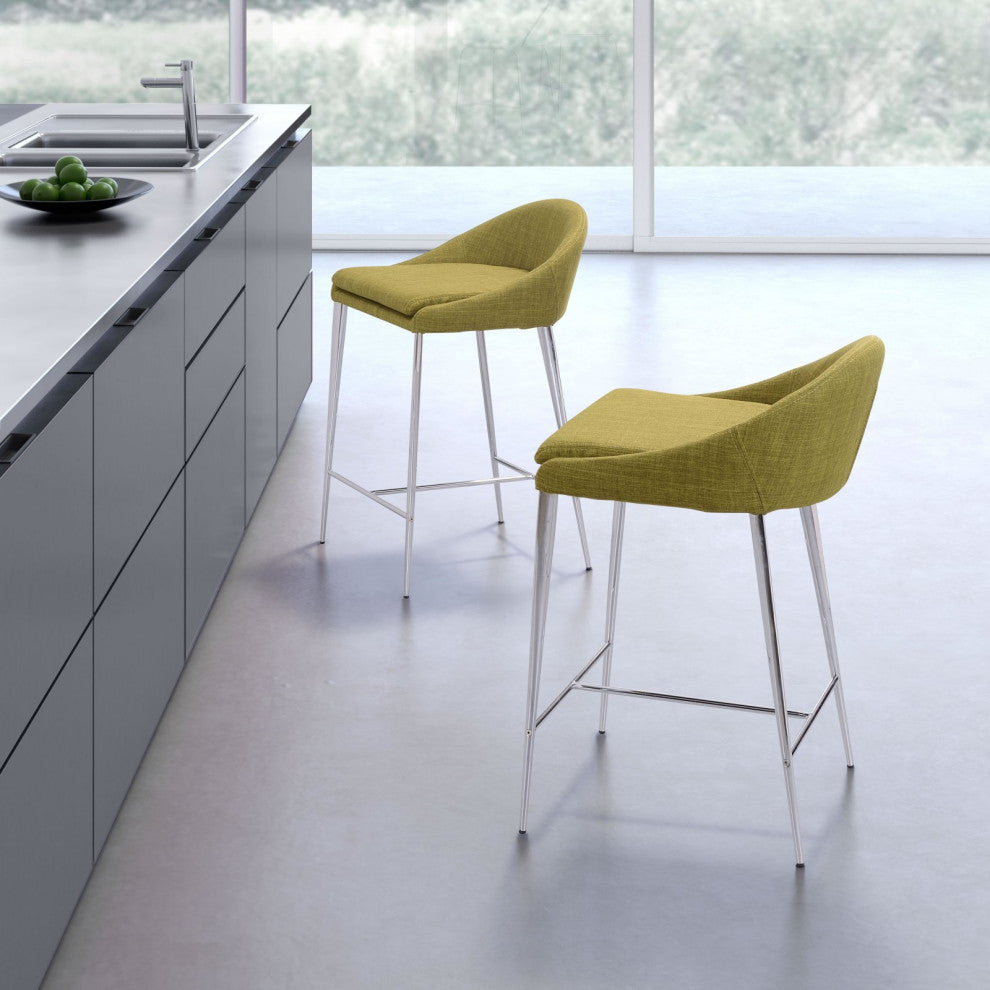 Counter Stool Chair, Set of 2, Steel Metal, Fabric, Pea Green, Chrome
