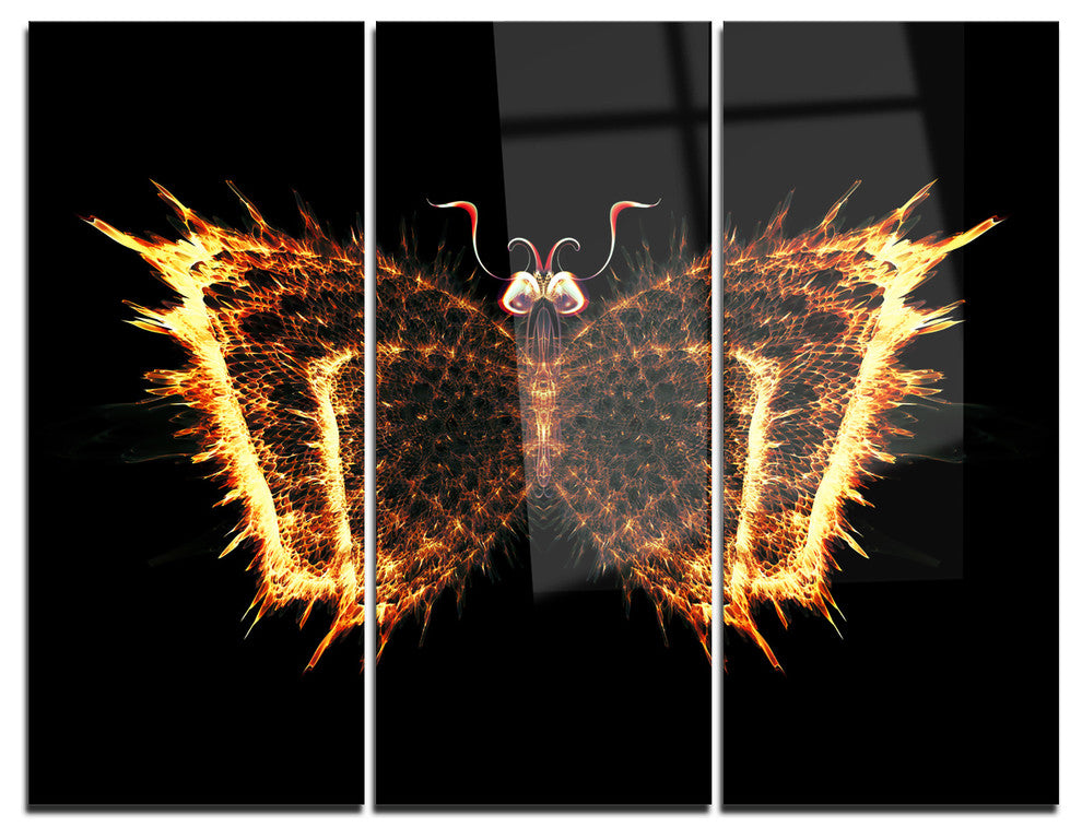 "Fire Fractal Butterfly in Dark" Metal Wall Art, 3 Panels, 36"x28"