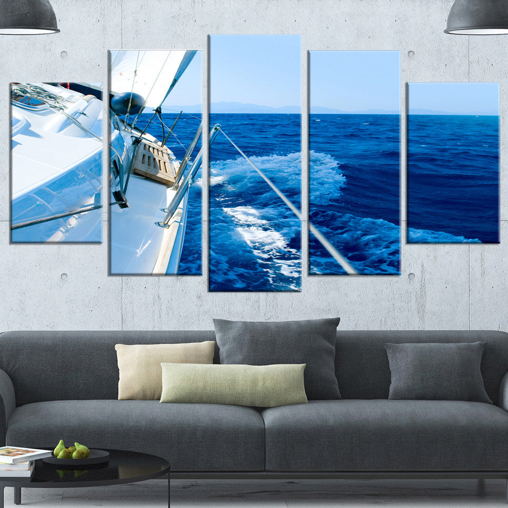 Tourism Yacht Sailing in Blue Sea, Seashore Canvas Wall Art, 60"x32", 5 Panels