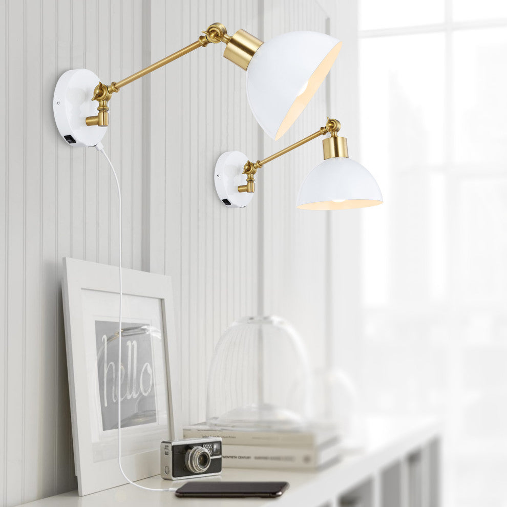 Lisa Swing Arm 1-Light Modern Midcentury Iron USB Charging Port LED Sconce, Whit