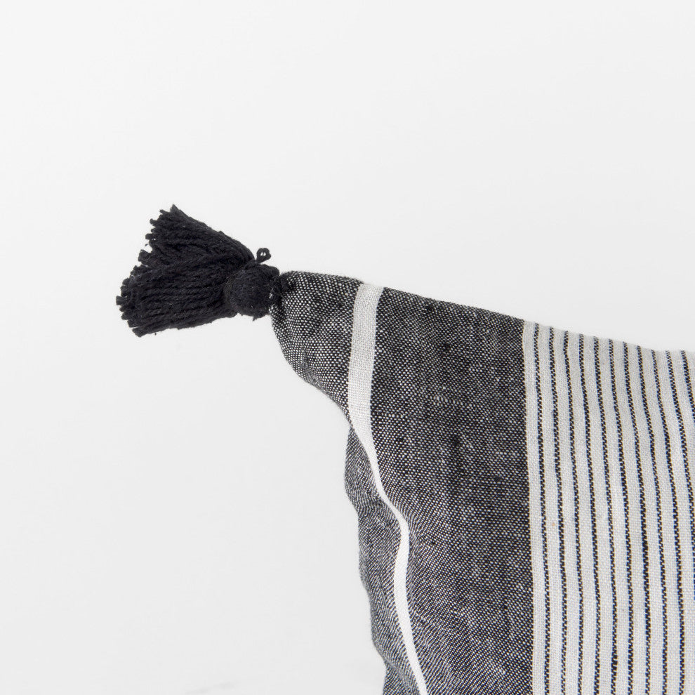 Kimia White and Black Herringbone Fabric With Fringed Decorative Pillow Cover