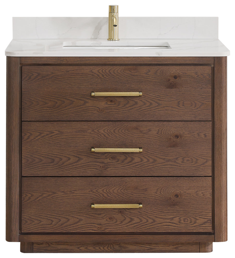 Porto Bath Vanity with White Quartz Stone Top, Dark Brown Oak, 36 in., No Mirror