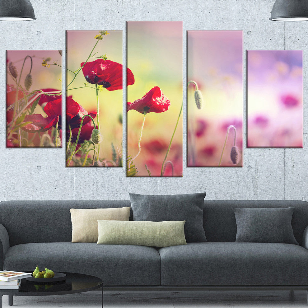 Beautiful Poppy Flower Garden, Floral Canvas Art Print, 60"x32", 5 Panels