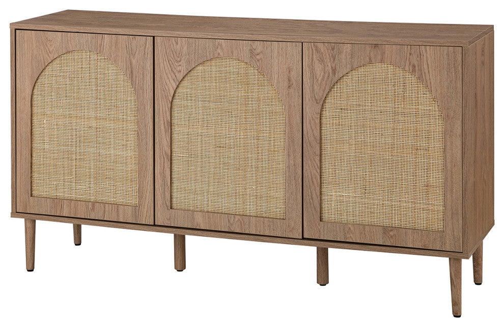 3-doors Modern Sideboard Cabinet With Rattan Design, Oak