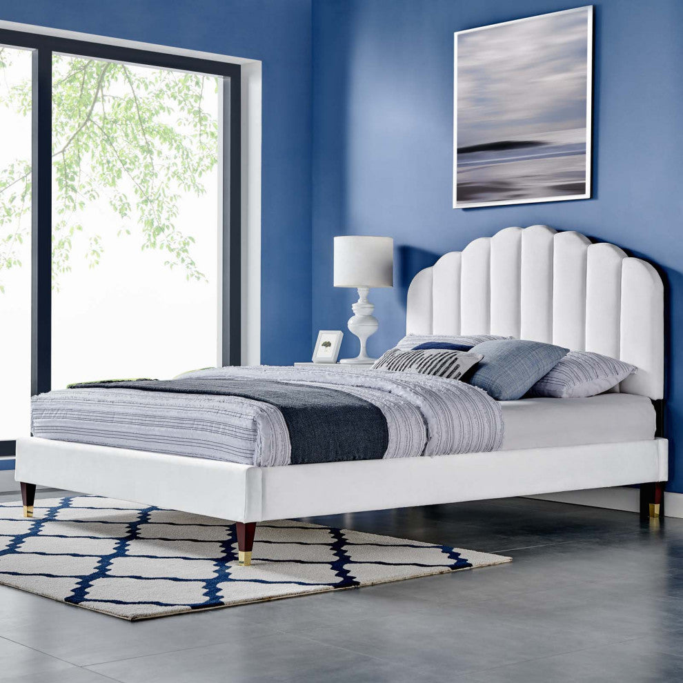 Platform Bed Frame, Queen Size, White, Velvet, Modern, Bedroom Guest Suite