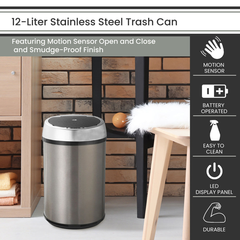 12-Liter / 3.1-Gallon Trash Can With Sensor Lid, Stainless Steel