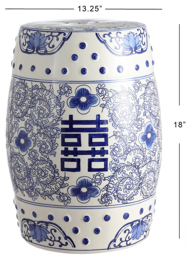 Double Happiness 18" Ceramic Drum Garden Stool, Blue and White