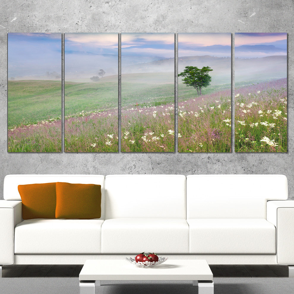 Foggy Summer Morning in Mountains, Landscape Canvas Print, 60"x28", 5 Panels