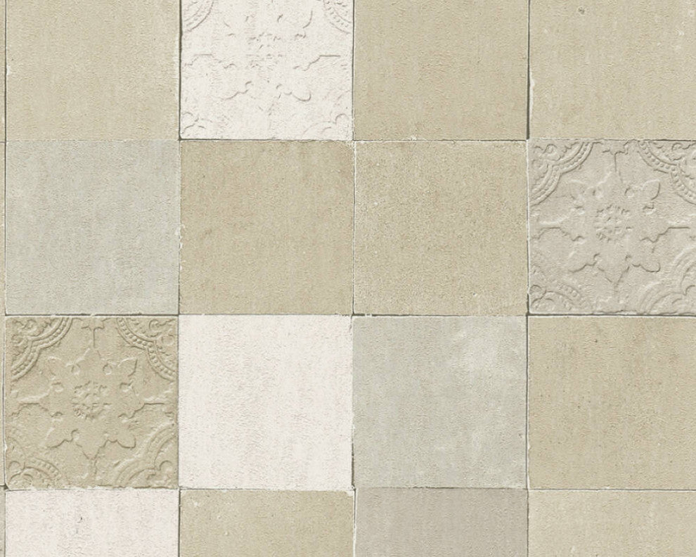 Tile Textured Wallpaper Featuring Floral And Plain Pattern, 374064