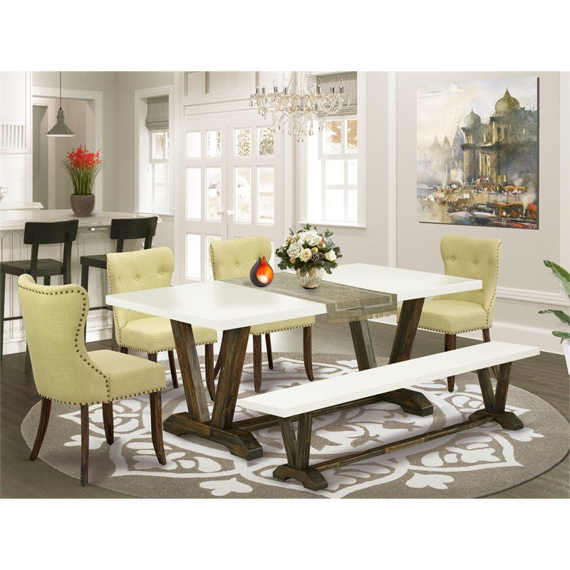 6-Piece Set, 4 Chairs-Top Table and Small Bench, Linen White and Jacobean