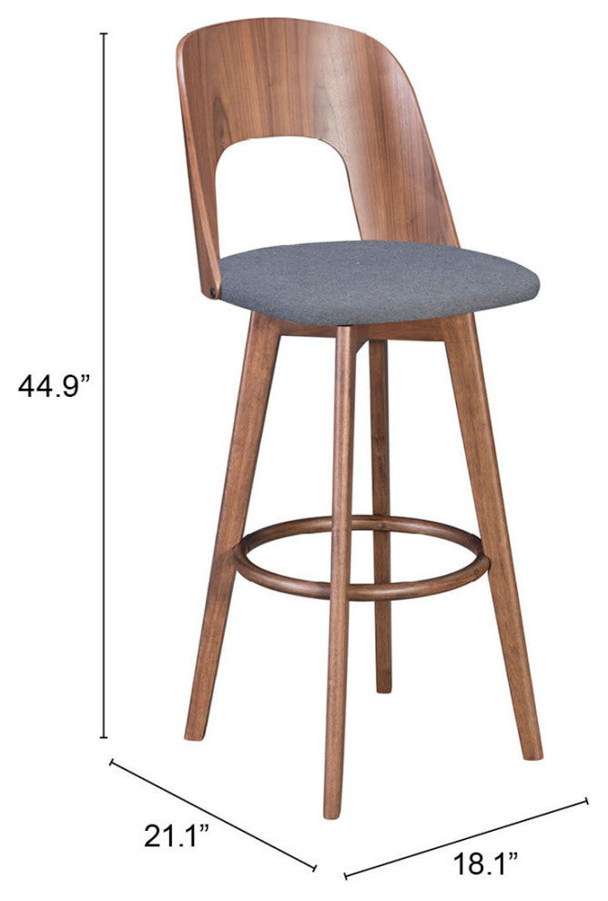 Bar Stool Chair Barstool, Set of 2, Fabric, Wood, Walnut, Gray, Cafe