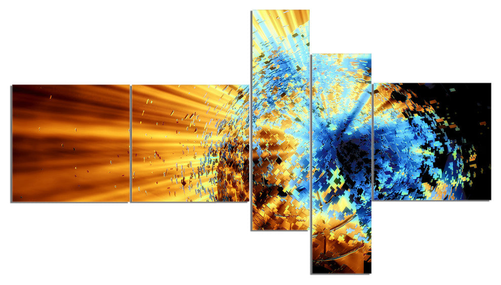 Fractal 3D Blue Brown Burst, Abstract Canvas Art Print, 60"x32", 5 panels
