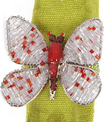 Hand Beaded Butterfly Napkin Rings, Silver and Red, Set of 4