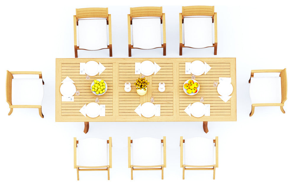 9-Piece Outdoor Teak Dining: 117" Rectangle Table, 8 Trav Stacking Arm Chairs