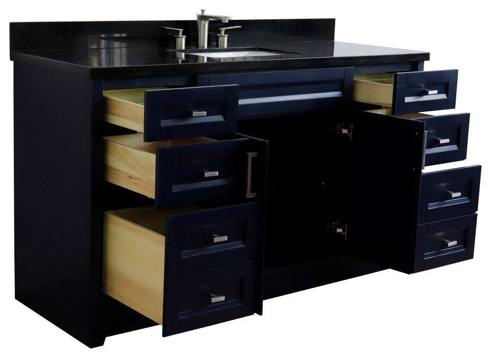 61" Single Sink Vanity, Blue Finish And Black Galaxy Granite