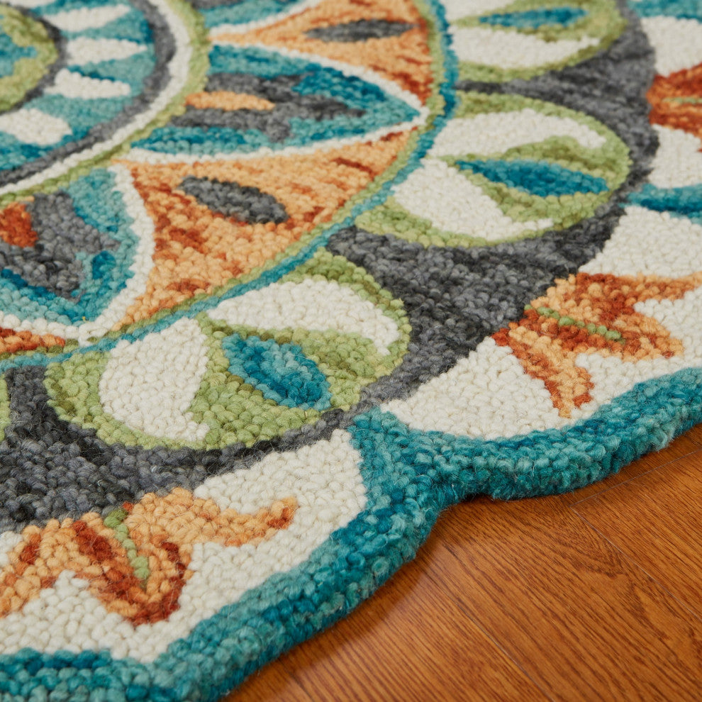 6' Blue And Green Round Wool Geometric Hand Tufted Area Rug