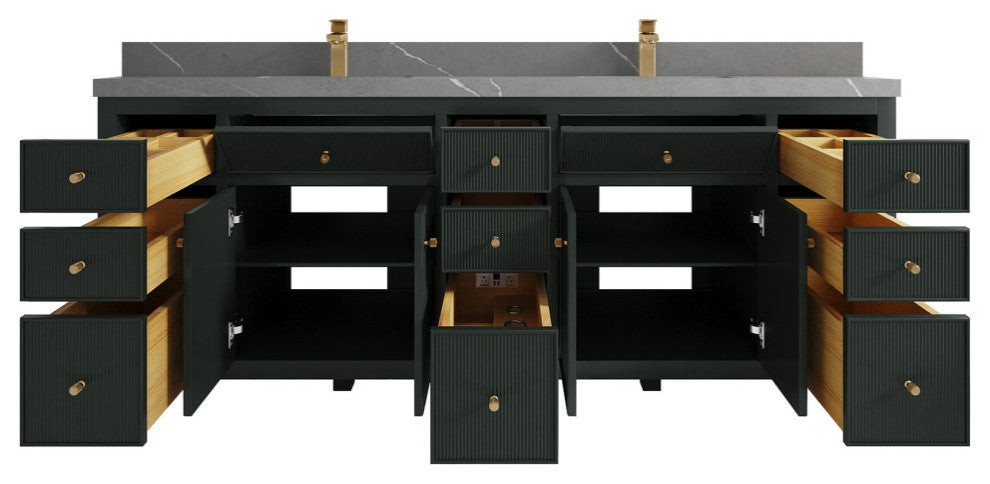 Sonoma 84 Double Sink Reeded Bath Vanity in Dark Forest Green 2" Piatra Gray