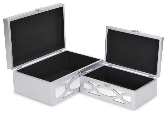 Set of Two Silver Oval Scroll Mirror Jewelry Storage Boxes