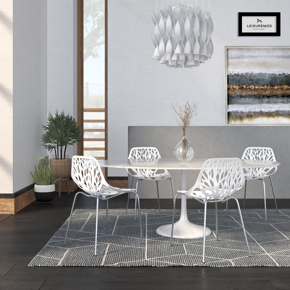 LeisureMod Asbury Plastic Stackable Dining Chair With Chromed Legs Set of 4, White