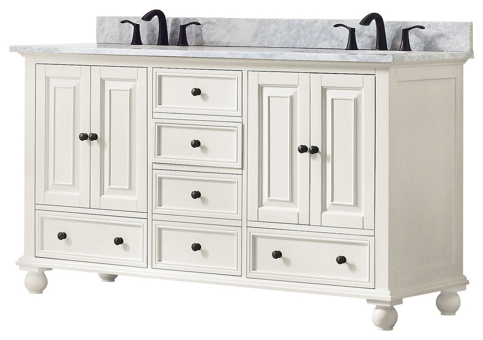 Avanity Thompson 61" Double Vanity, French White Finish, Carrera White Marble Top