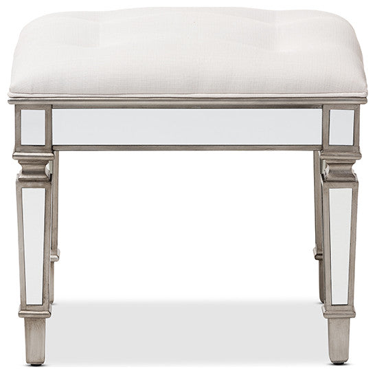 Keswick Off White Fabric Mirrored Ottoman Vanity Bench