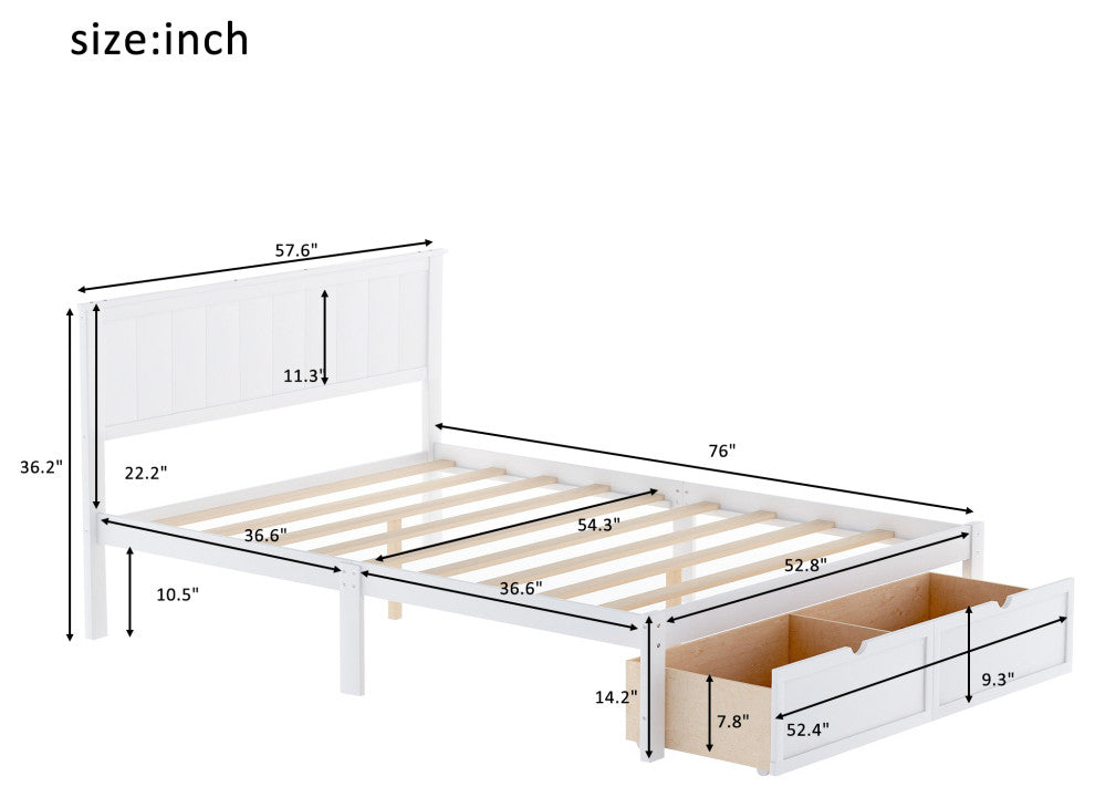 Gewnee Full Size Platform Bed with Under-bed Drawers, White
