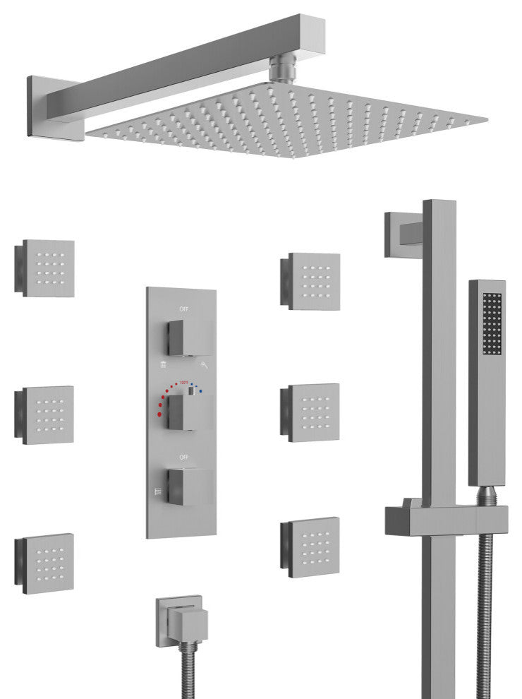 Thermostatic Shower Faucet 12" Rain Shower Head with Handheld Slide Bar System, Brushed Nickel