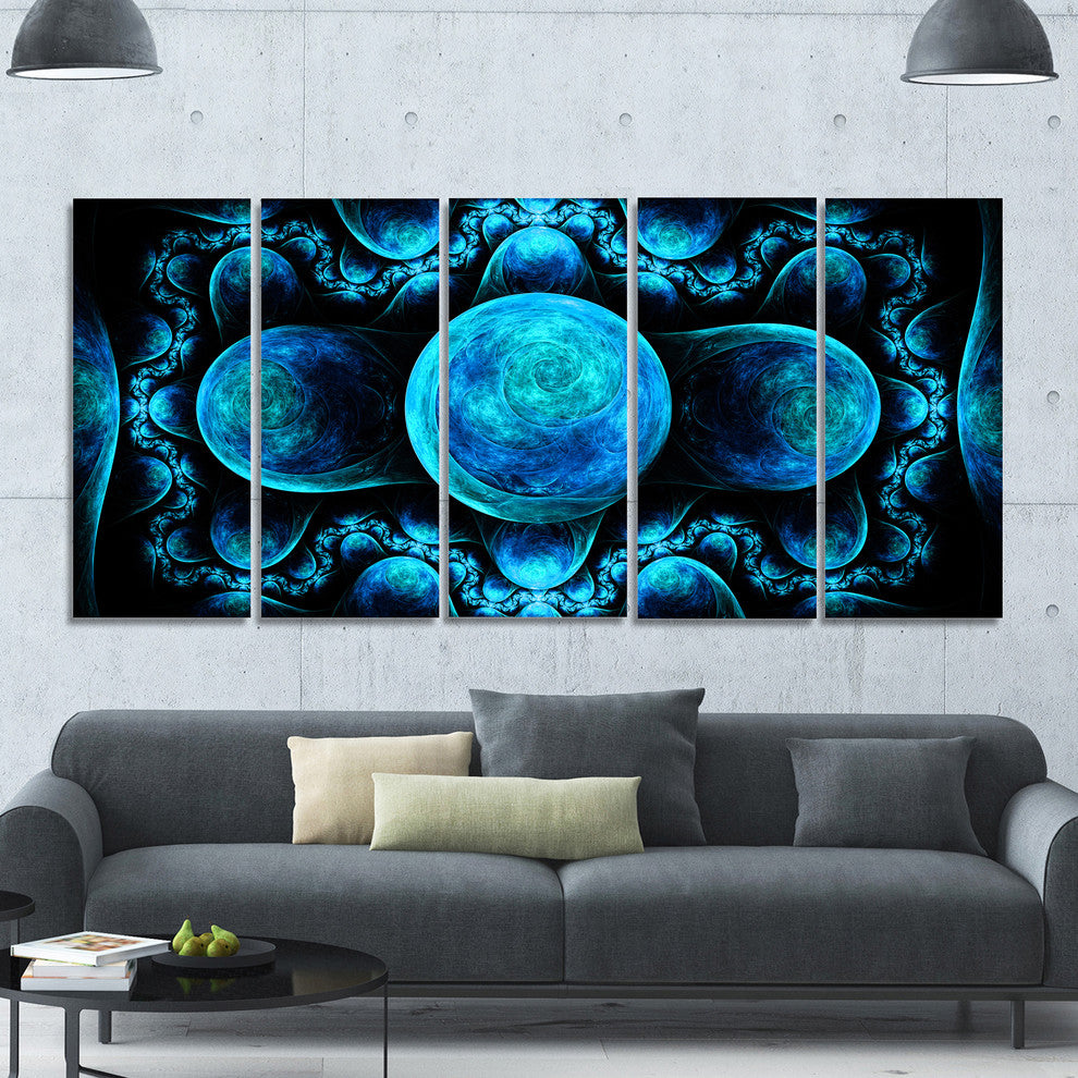 Blue Exotic Pattern on Black, Abstract Art on Canvas, 60"x28", 5 Panels