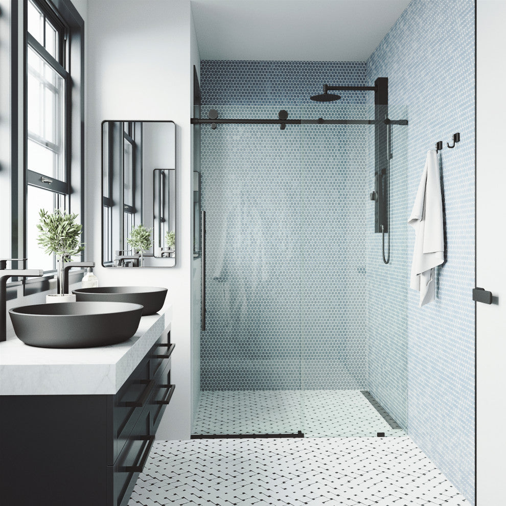 VIGO Elan E-Class 56" to 60" W x 76" H Frameless Sliding Shower Door, Matte Black, Clear Glass
