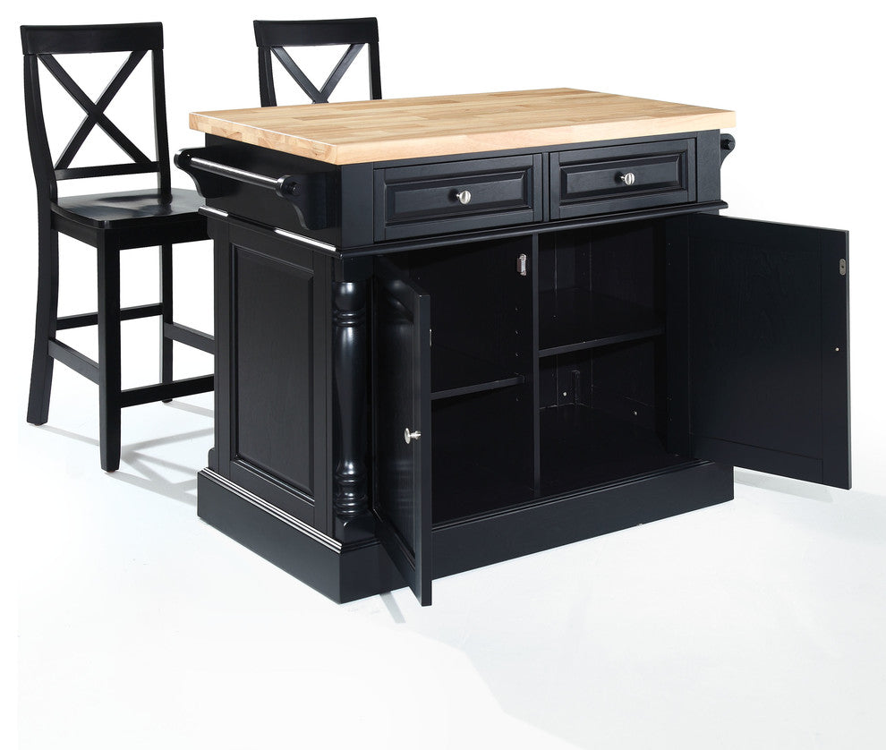 Crosley Furniture Oxford Wood Kitchen Island with Stools in Black
