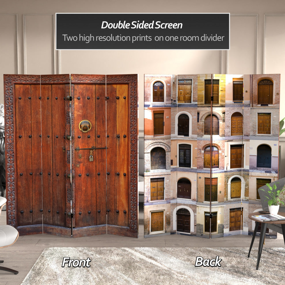 6' Tall Double Sided Doors Canvas Room Divider 4 Panel