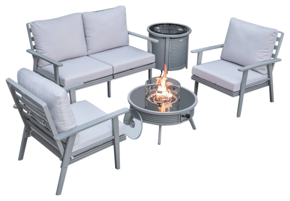 LeisureMod Walbrooke Patio Sofa Set With Round Fire Pit Table, Light Grey