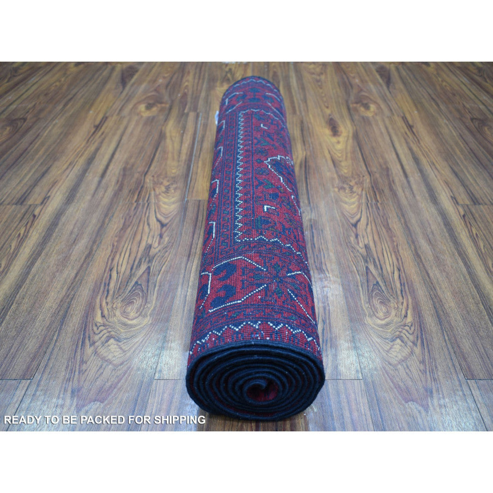 Red Tribal Design Hand Knotted Afghan Khamyab Wool Runner Oriental Rug 2'8"x9'7"